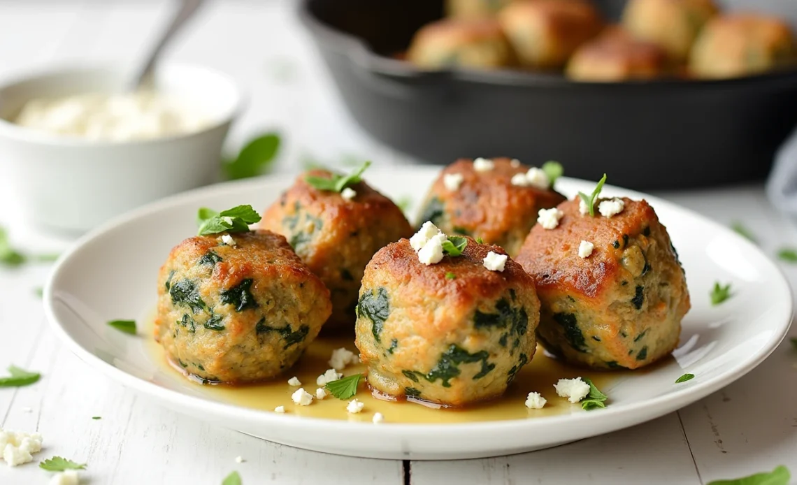 A plate of golden-brown spinach feta baked turkey meatballs garnished with fresh herbs, served with a side of dipping sauce.