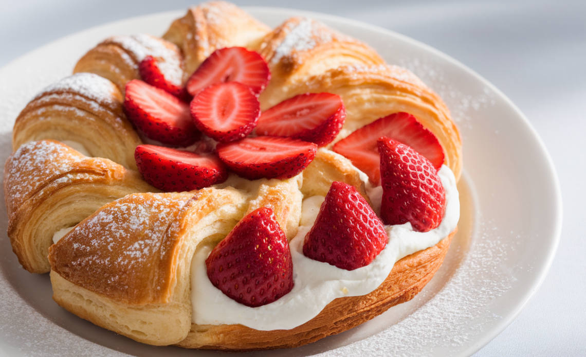 A golden, flaky strawberry cream cheese Danish drizzled with glaze, filled with sweet cream cheese and fresh strawberry slices.