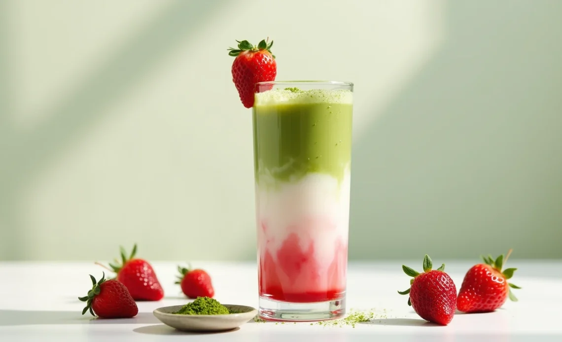 A refreshing strawberry matcha latte in a clear glass, showcasing vibrant layers of fresh strawberry puree, creamy milk, and rich green matcha.