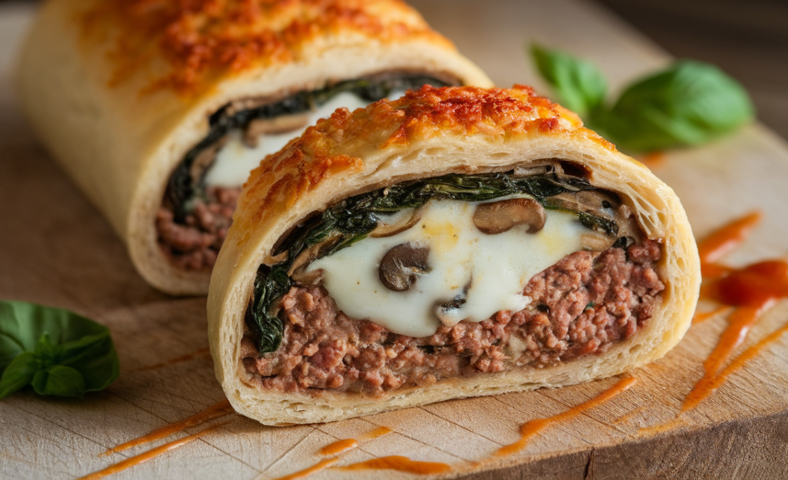 A golden-brown stuffed minced meat roll sliced open to reveal a savory filling of spinach, mushrooms, and melted mozzarella cheese.