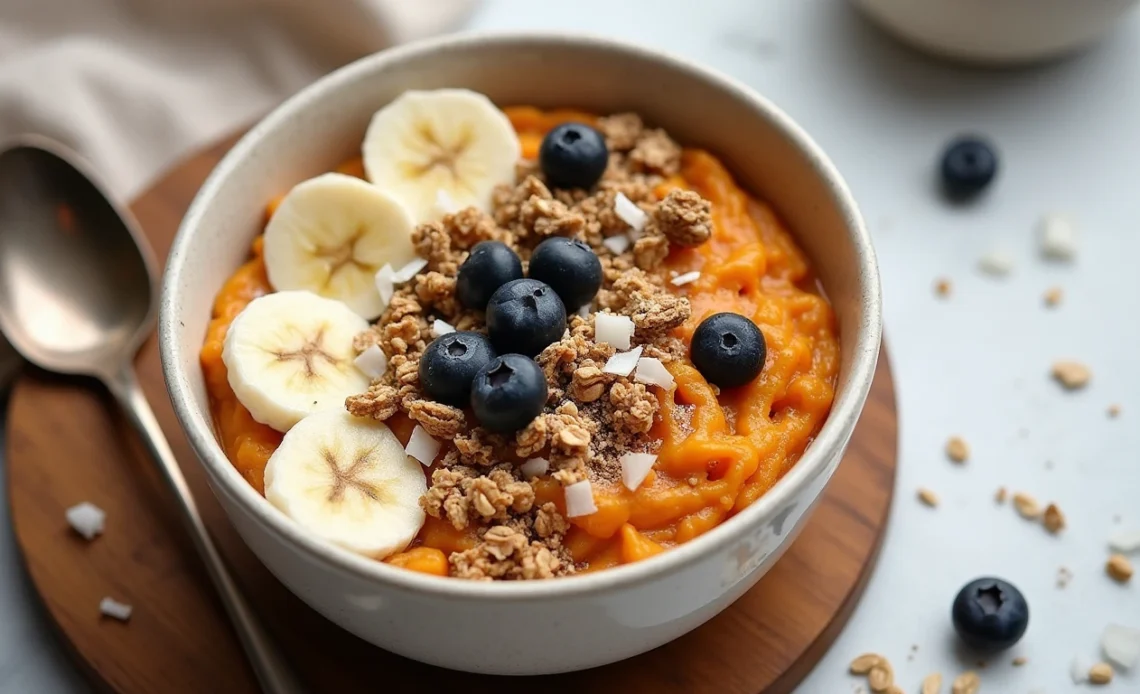 A creamy and fluffy sweet potato breakfast bowl topped with sliced bananas, granola, and a drizzle of almond butter.