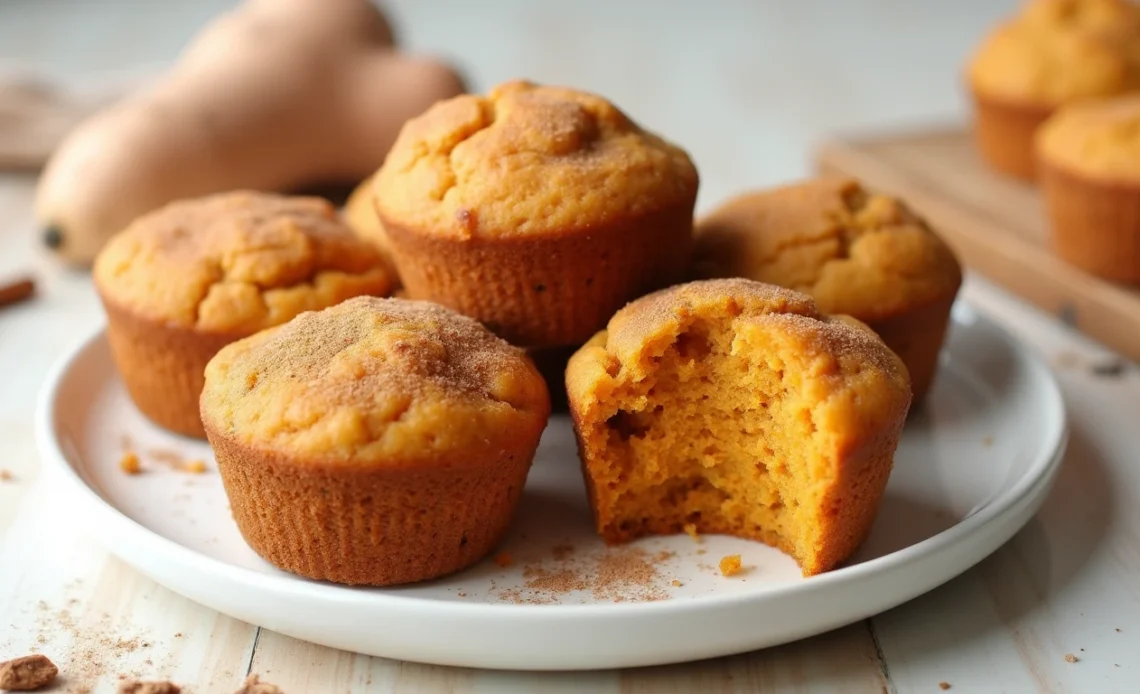 A plate of warm, golden-brown sweet potato muffins, topped with a sprinkle of cinnamon and a drizzle of honey.