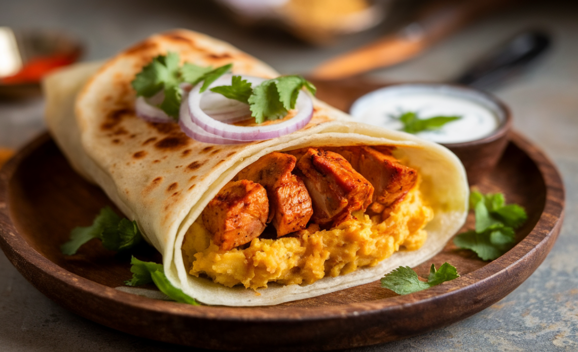 A flavorful tandoori-style chicken and potato kati roll wrapped in a warm paratha, filled with spiced chicken, potatoes, and fresh herbs, served with a side of chutney.