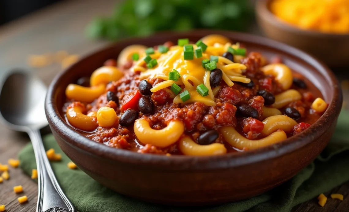 A hearty bowl of chili mac with tender pasta, seasoned ground beef, and melted cheese, garnished with fresh herbs.