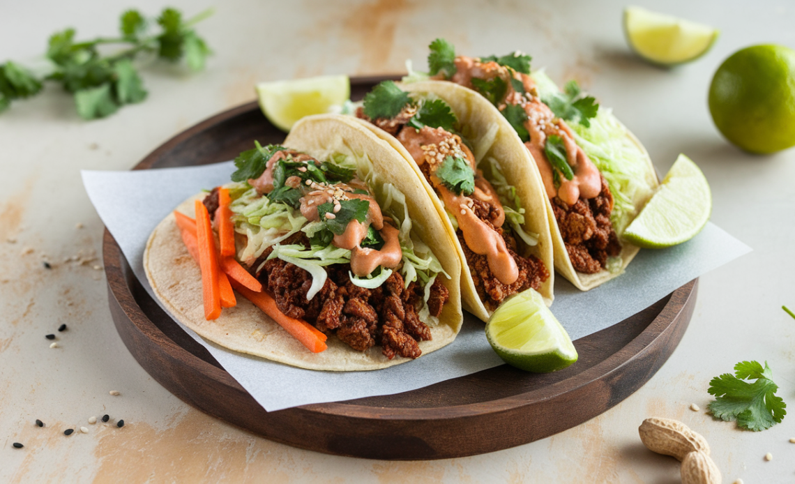 A plate of vegan Thai beef tacos with plant-based protein, fresh herbs, and a drizzle of spicy sauce, served on soft corn tortillas.