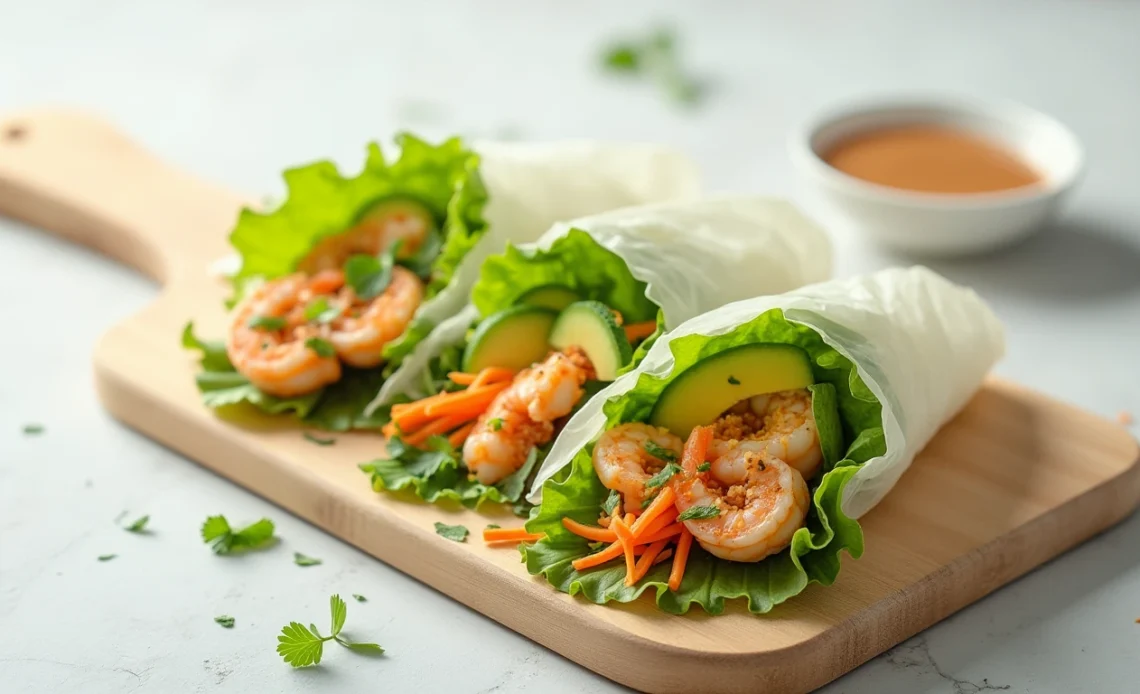 A fresh rice paper wrap filled with colorful vegetables, herbs, and protein, served with a side of dipping sauce.