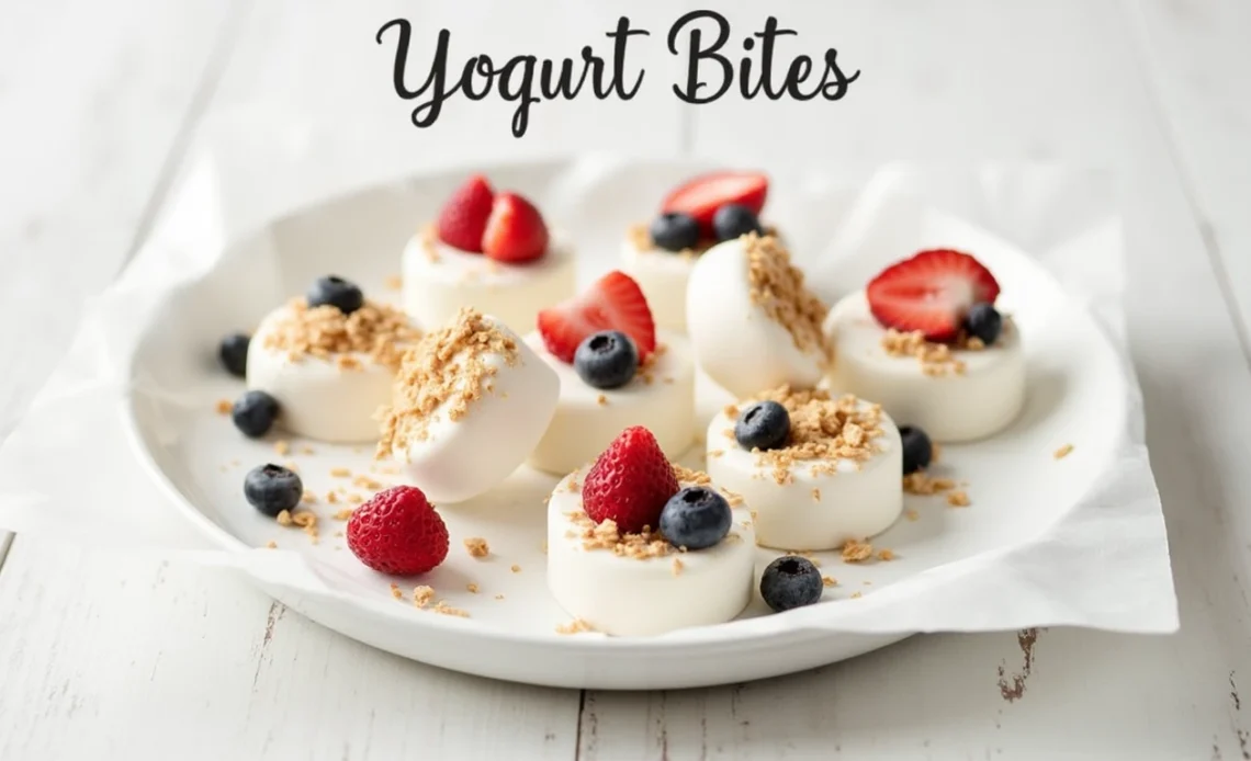 A plate of colorful yogurt bites made from Greek yogurt and fruit, perfect for babies, toddlers, and kids.