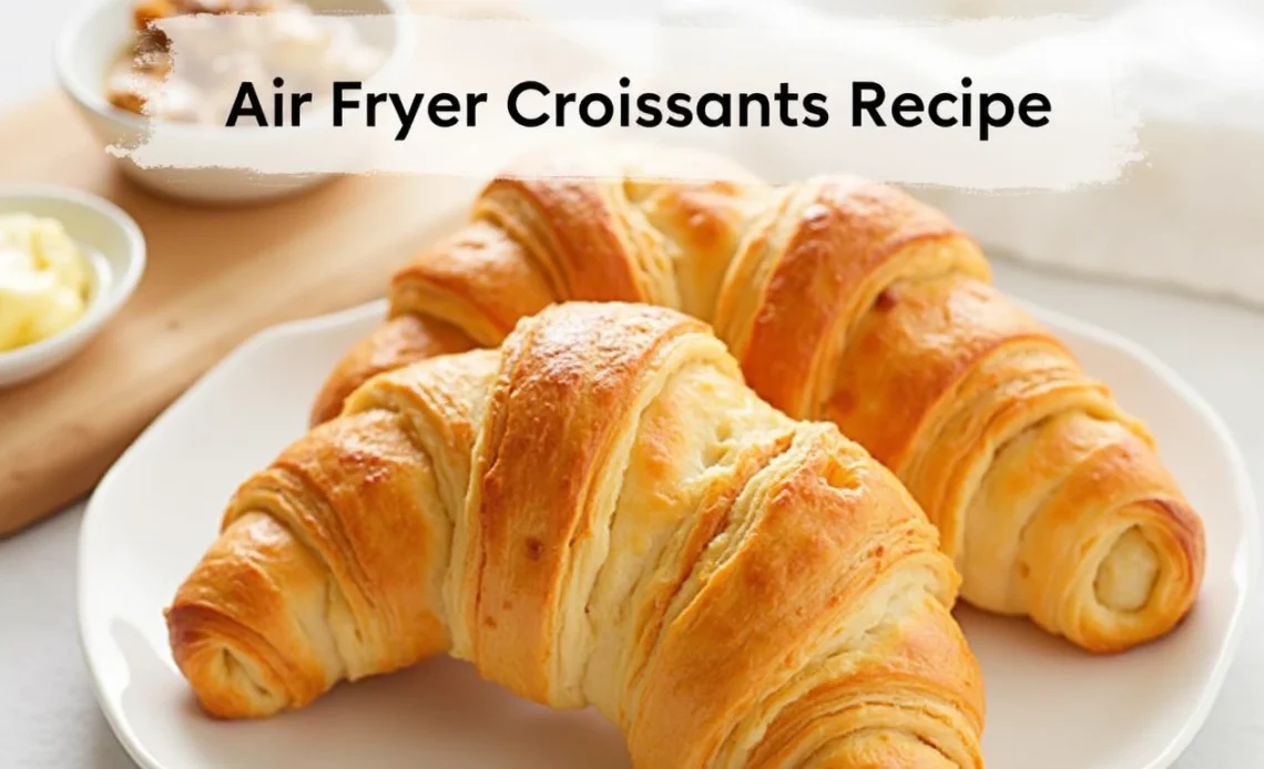 Golden, flaky croissants fresh from the air fryer, served on a wooden board with a side of butter and jam.