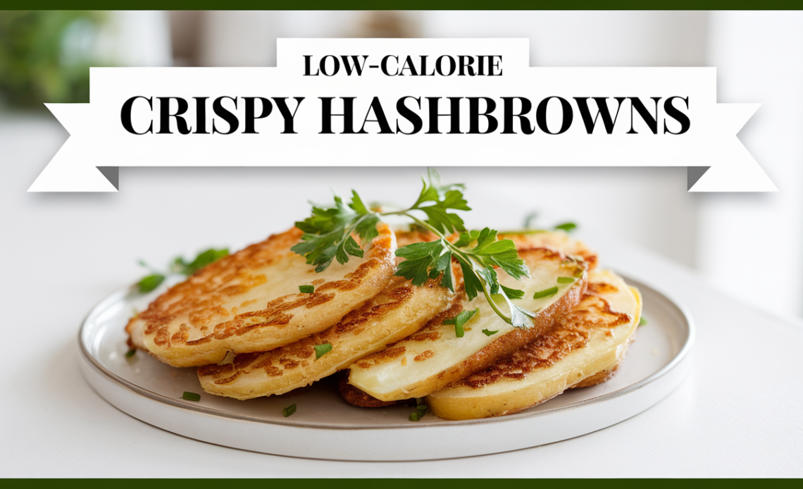 A plate of golden, crispy low-calorie hashbrowns served with a side of fresh herbs and a dipping sauce.