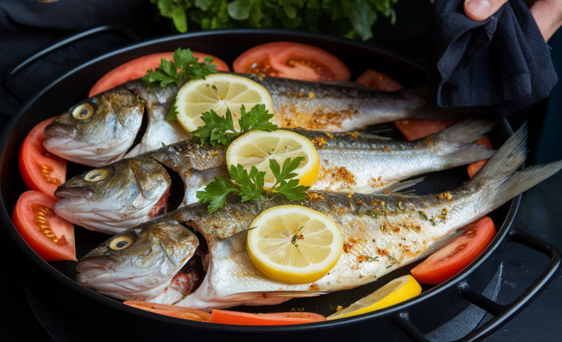 A beautifully plated oven-baked sea bream with golden, crispy skin, served with tender bamboo shoots and garnished with fresh herbs and lemon slices.