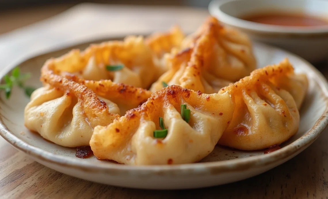 A plate of crispy, golden-brown pan-fried chicken dumplings served with a dipping sauce on the side.