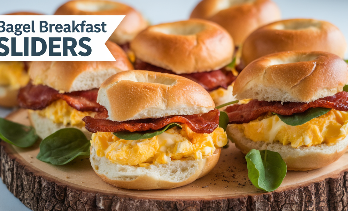 A plate of bagel breakfast sliders, featuring mini bagels filled with scrambled eggs, cheese, and crispy bacon, served with a side of fresh fruit.