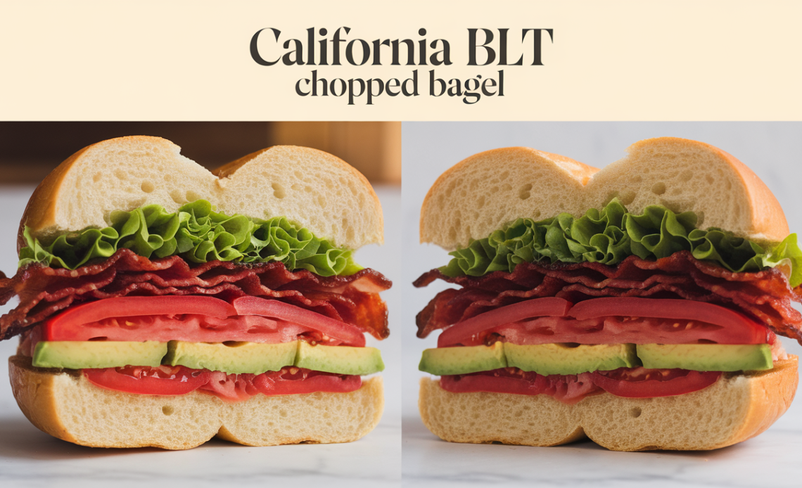 A California BLT chopped bagel, featuring crispy bacon, fresh lettuce, tomato, avocado, and a drizzle of mayonnaise, served on a toasted bagel half.