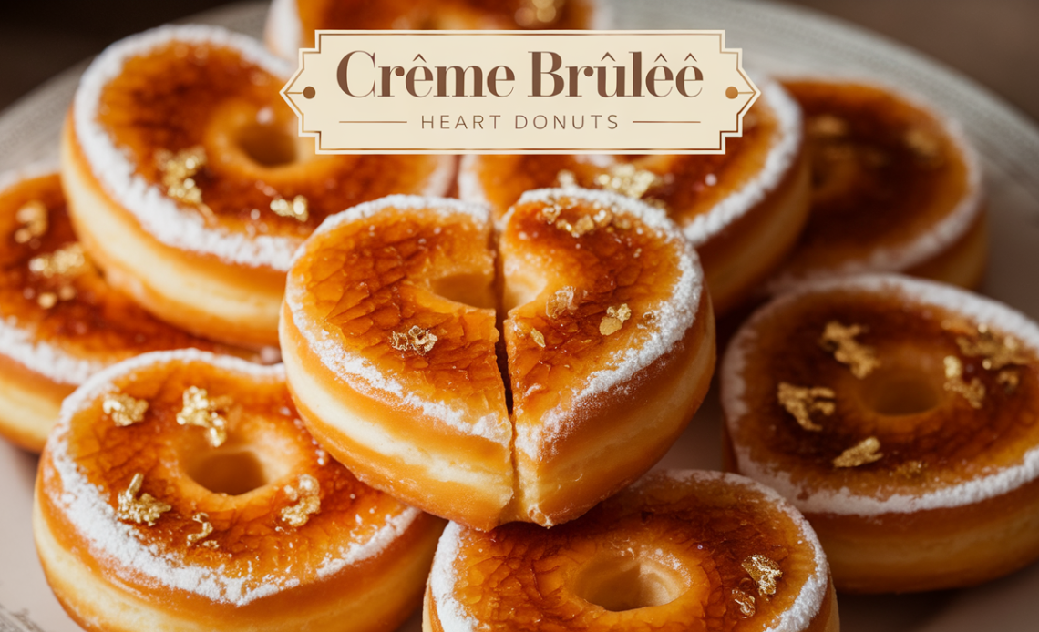 Heart-shaped donuts filled with creamy vanilla custard and topped with a golden, crispy caramelized sugar crust, served on a plate with a sprinkle of powdered sugar.