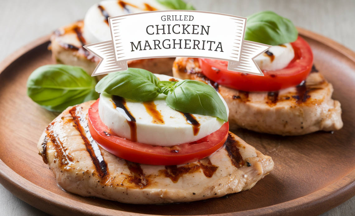 A perfectly grilled chicken breast topped with fresh mozzarella, basil, and tomato slices, drizzled with balsamic glaze, served on a plate.