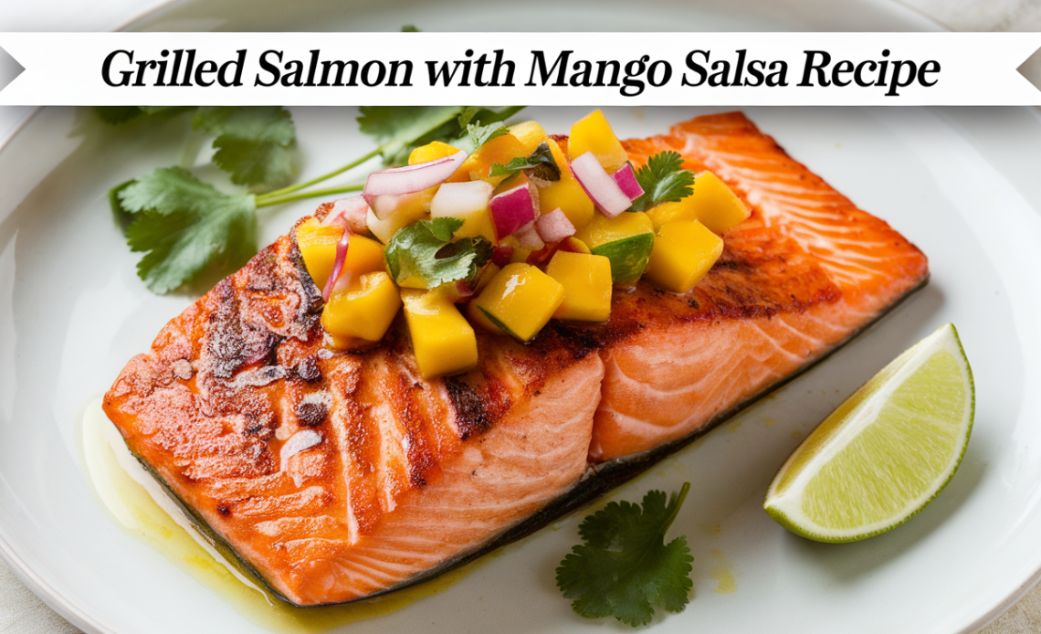 A perfectly grilled salmon fillet topped with fresh mango salsa, served with a side of steamed vegetables and quinoa.