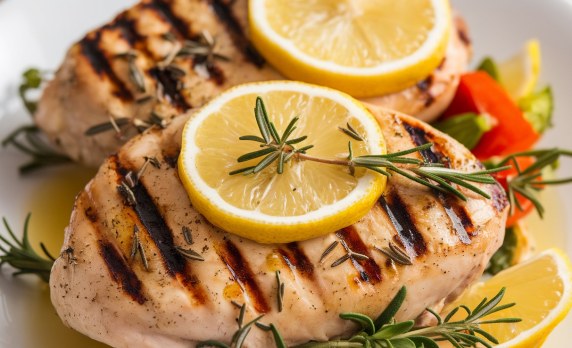 Grilled lemon herb chicken breasts served with a side of roasted vegetables, garnished with fresh herbs and a lemon wedge.