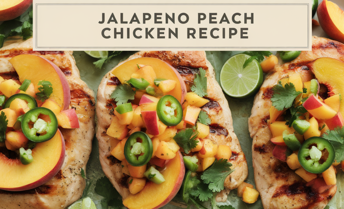 A plate of grilled chicken breast topped with a spicy-sweet jalapeno peach sauce, served with a side of roasted vegetables.