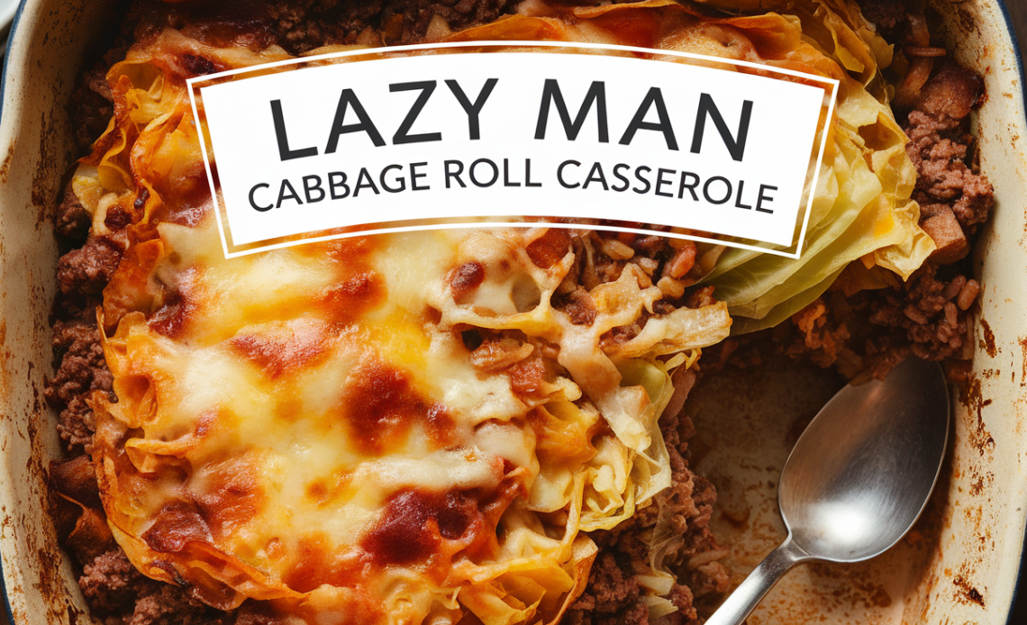 A hearty serving of Lazy Man Cabbage Roll Casserole, with layers of cabbage, ground meat, rice, and tomato sauce, all baked to perfection and served on a plate.