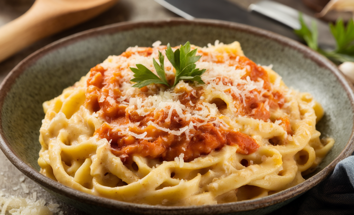 Creamy one-pot garlic parmesan pasta served in a white bowl, garnished with fresh parsley and grated parmesan cheese.