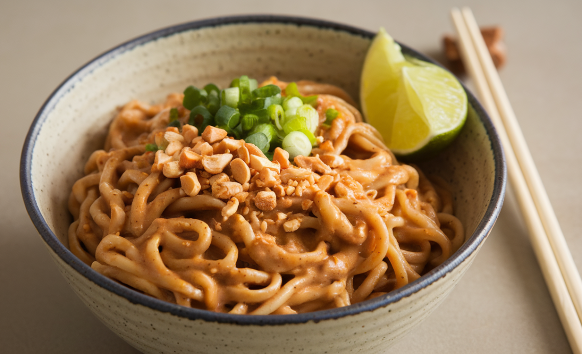 A bowl of peanut rice noodles garnished with chopped peanuts, fresh herbs, and sliced vegetables.