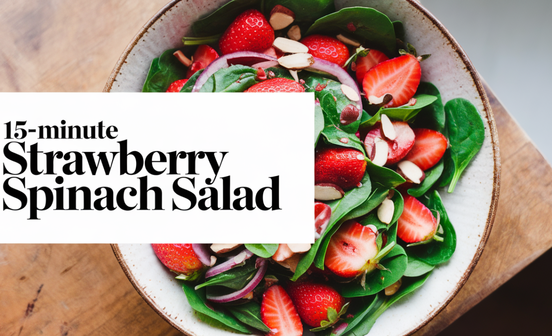 A fresh, vibrant 15-minute strawberry spinach salad with slices of strawberries, spinach leaves, almonds, and a light vinaigrette dressing.
