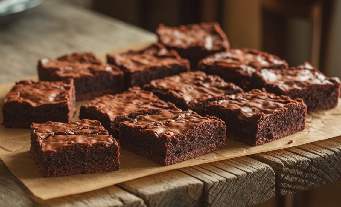 A close-up of fudgy, homemade brownies stacked on a white plate, showing a rich chocolate texture with a slightly cracked top.
