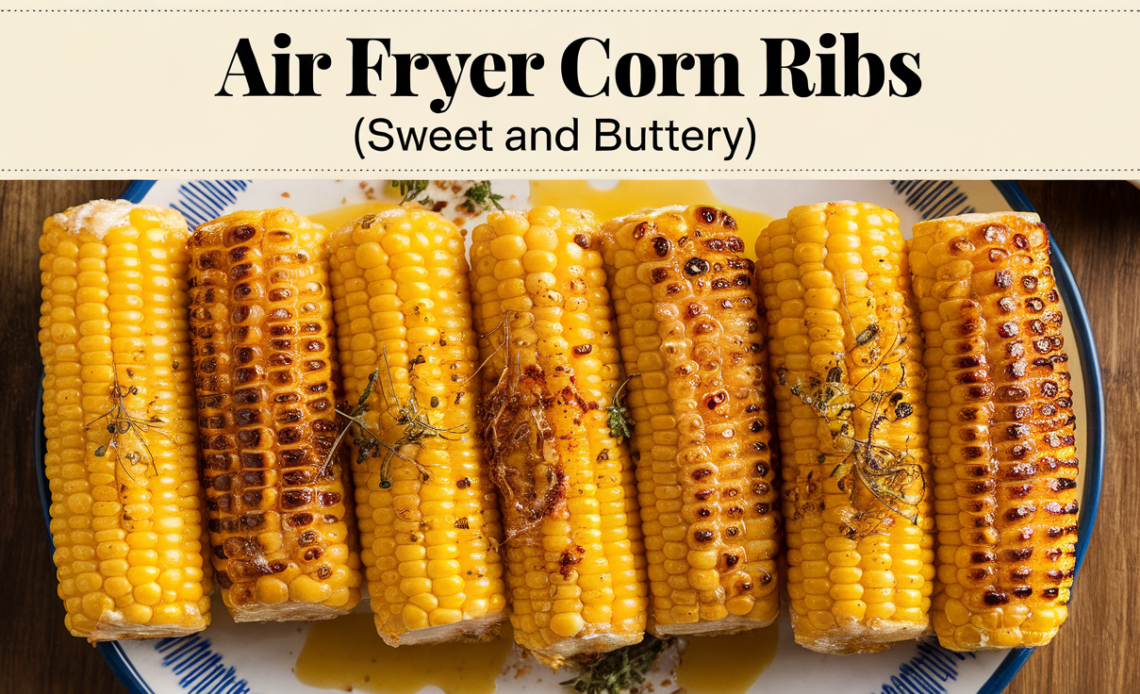 Golden, crispy air fryer corn ribs drizzled with melted butter and sprinkled with seasoning.
