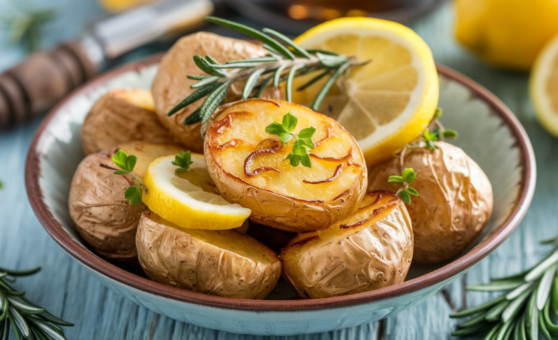 Golden crispy air fryer Greek lemon potatoes garnished with fresh herbs on a white plate.