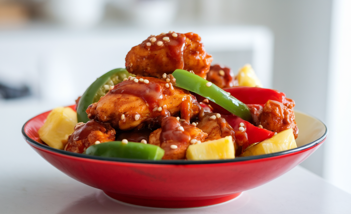 Crispy golden sweet and sour chicken pieces served with colorful bell peppers and pineapple chunks on a white plate.
