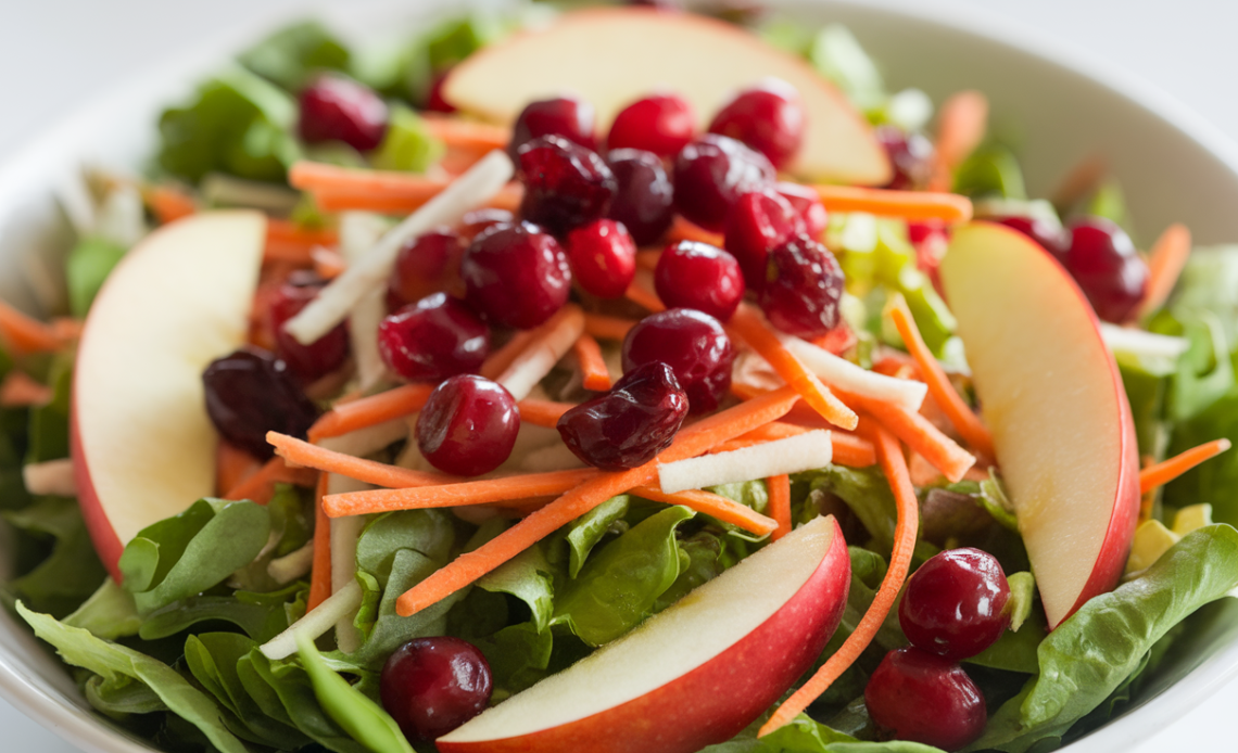 Close-up of a colorful apple cranberry carrot salad in a white bowl, featuring crisp apple slices, shredded carrots, dried cranberries, and a light dressing.