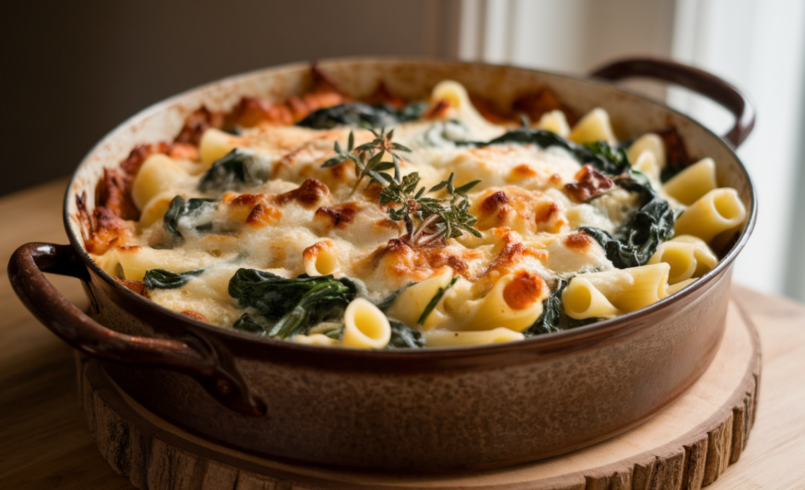 Baked goat cheese pasta with spinach in a creamy tomato sauce, topped with melted goat cheese and fresh herbs.