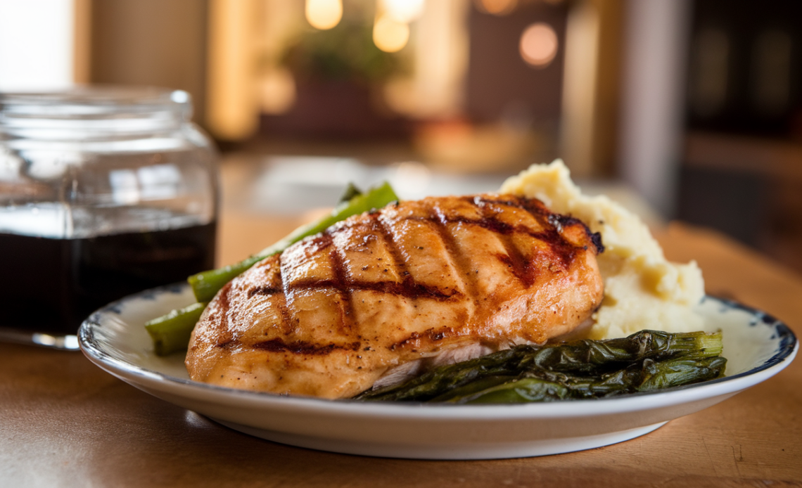 Close-up of a grilled chicken breast glazed with balsamic marinade, served with fresh herbs and vegetables.