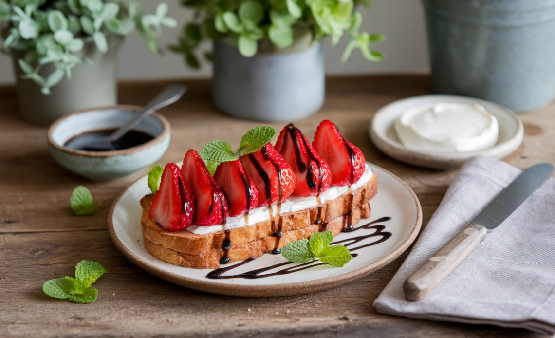 Toasted artisan bread topped with fresh strawberries, drizzled with balsamic glaze, and garnished with mint leaves.