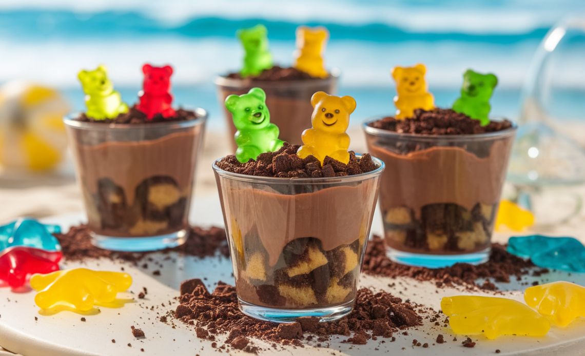 Beach Bear Dirt Cups dessert in clear cups topped with crushed chocolate cookies, gummy bears, and edible beach-themed decorations.
