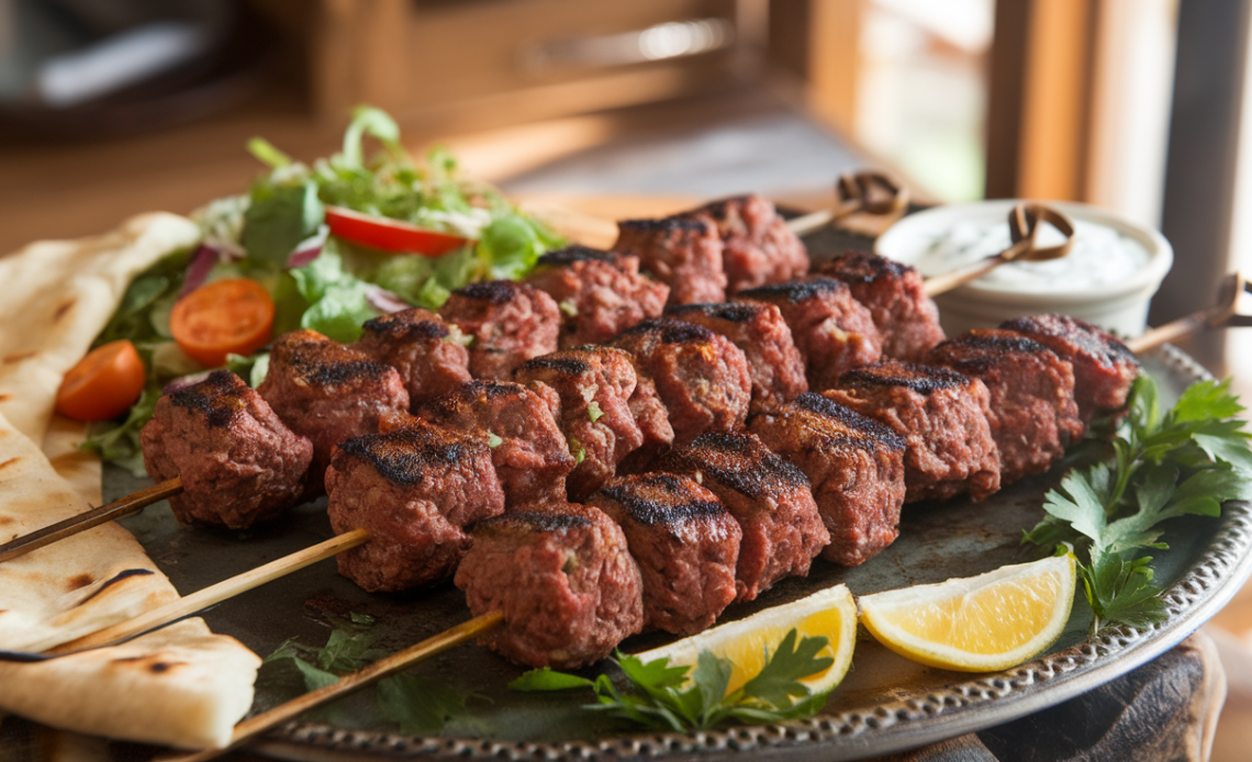 Grilled beef kofta kebabs on skewers, served with pita bread, fresh herbs, and a side of yogurt sauce.