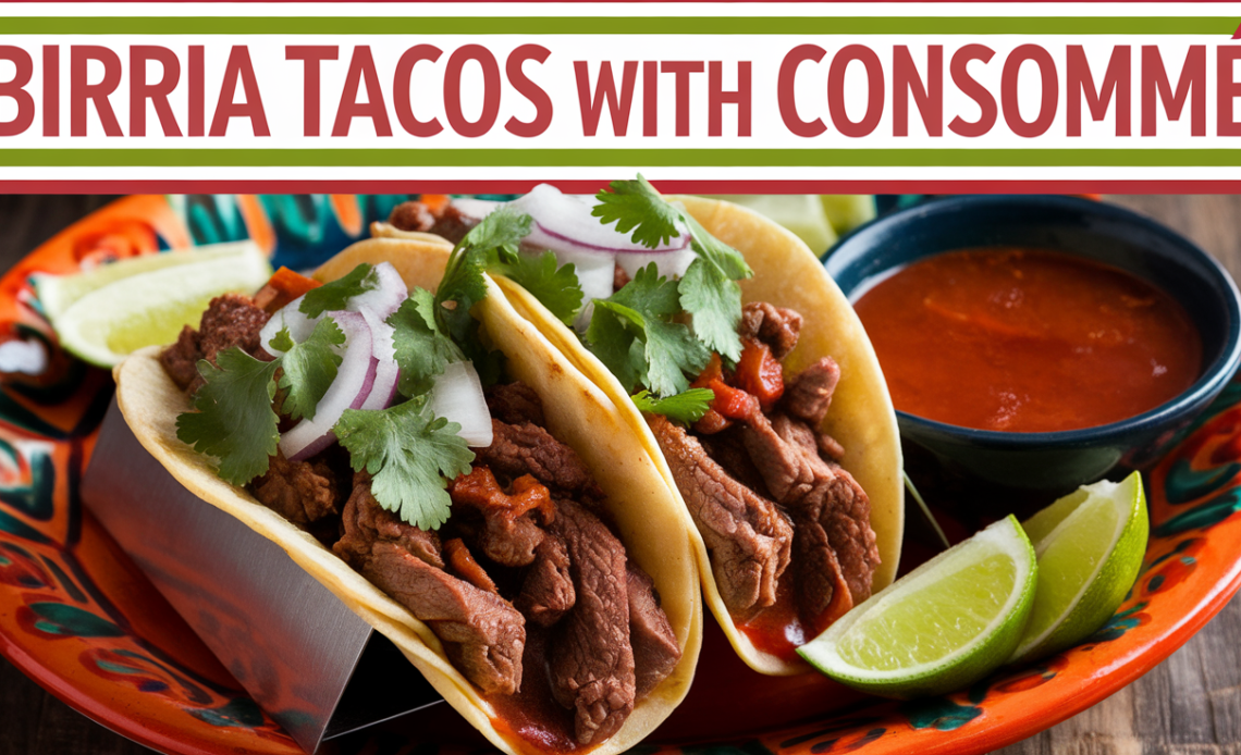 Close-up of birria tacos served with a side of consommé for dipping.