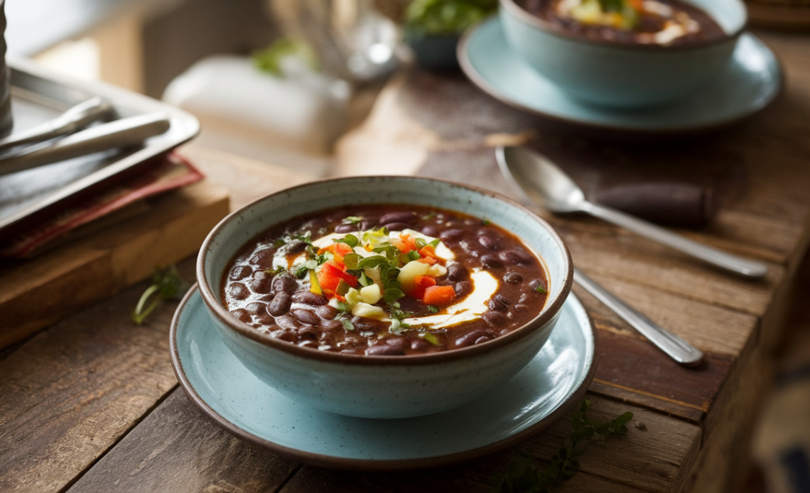 A steaming bowl of black bean soup garnished with fresh cilantro and diced avocado, served with a slice of lime and tortilla chips.