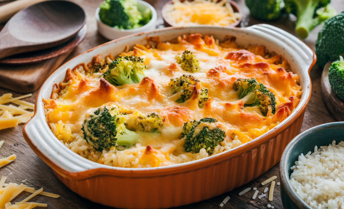 A golden-brown broccoli rice casserole in a white baking dish, topped with melted cheese and garnished with herbs.