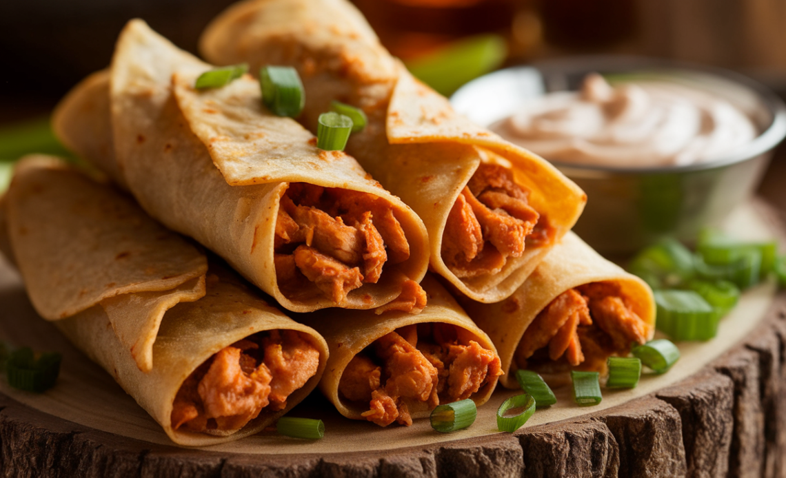 Crispy baked Buffalo Chicken Taquitos arranged on a plate with a side of ranch dipping sauce.