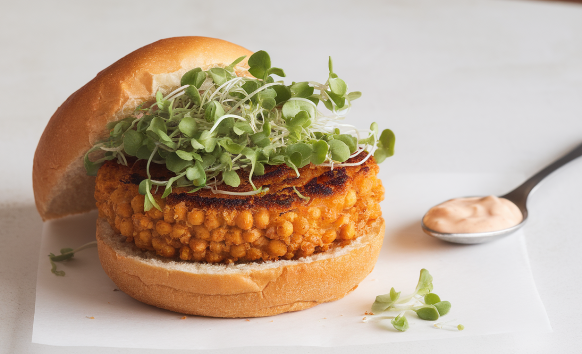 A close-up of a spicy buffalo chickpea burger with lettuce and creamy sauce in a whole wheat bun.