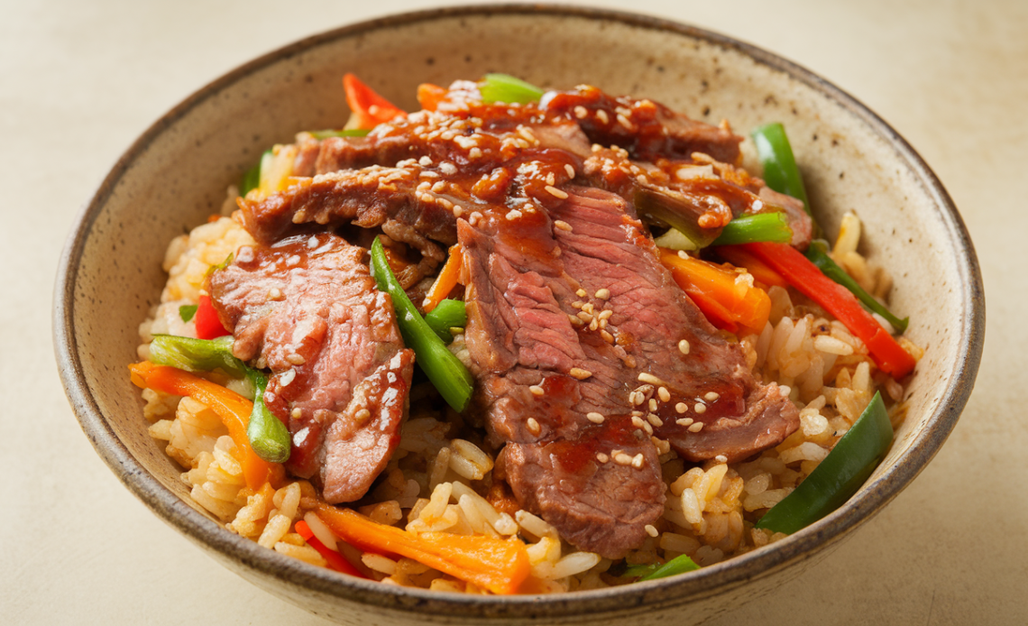 Close-up of Bulgogi-style beef fried rice with tender marinated beef, sautéed vegetables, and sesame seeds garnished on top.
