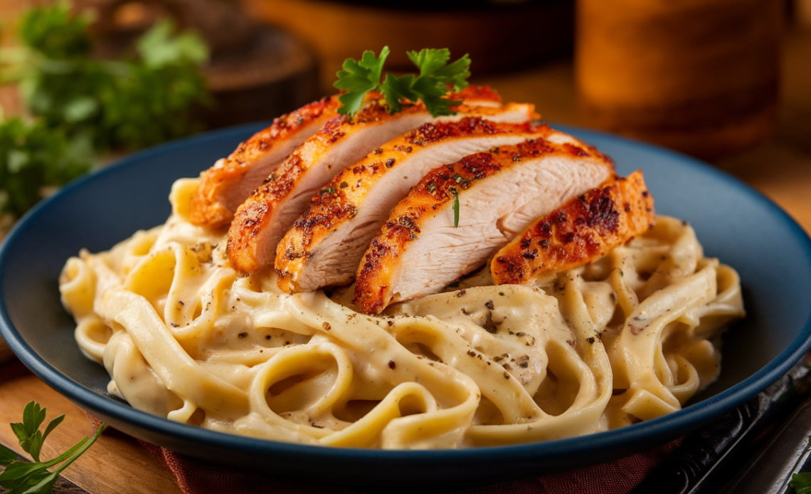 Creamy Cajun Chicken Alfredo pasta served on a white plate, garnished with parsley and sprinkled with Cajun spices.
