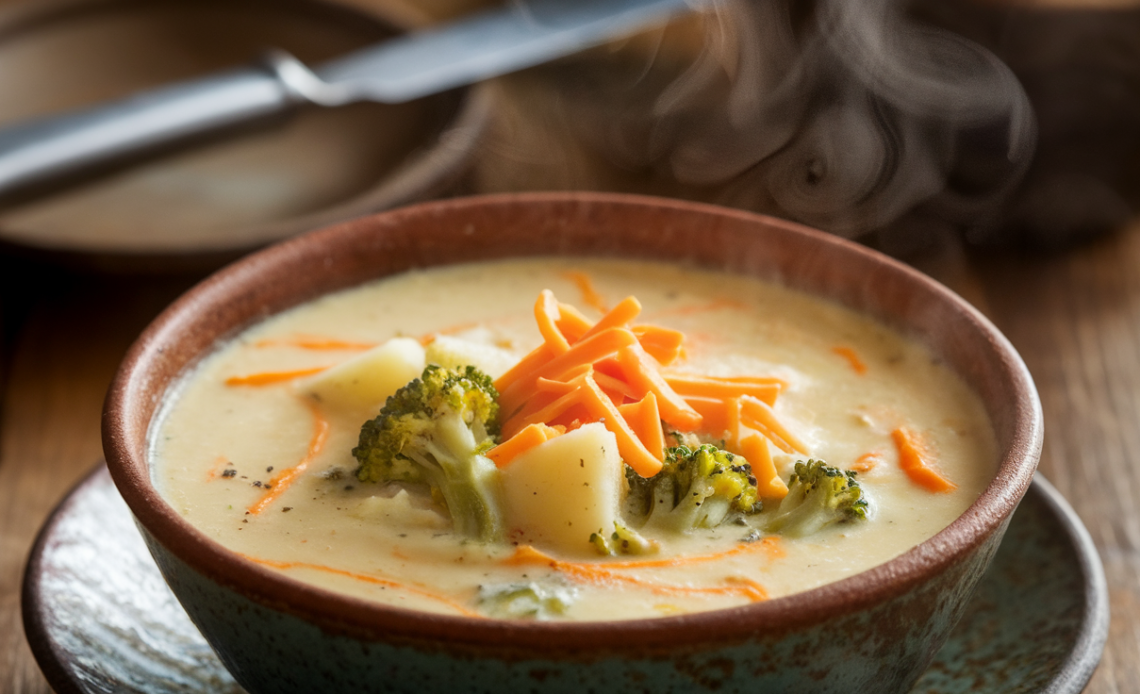 Creamy cheddar broccoli potato soup in a white bowl topped with shredded cheddar cheese and fresh broccoli florets.