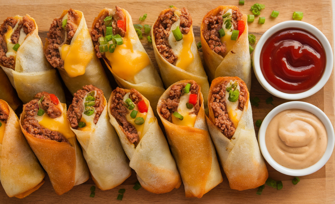 Golden-brown cheeseburger eggrolls sliced in half, revealing a savory ground beef and melted cheese filling, served with a dipping sauce.
