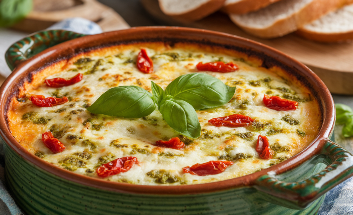 A warm, golden-bubbly baked dip topped with melted cheese, vibrant green pesto swirls, and chunks of sun-dried tomatoes in a rustic white dish.