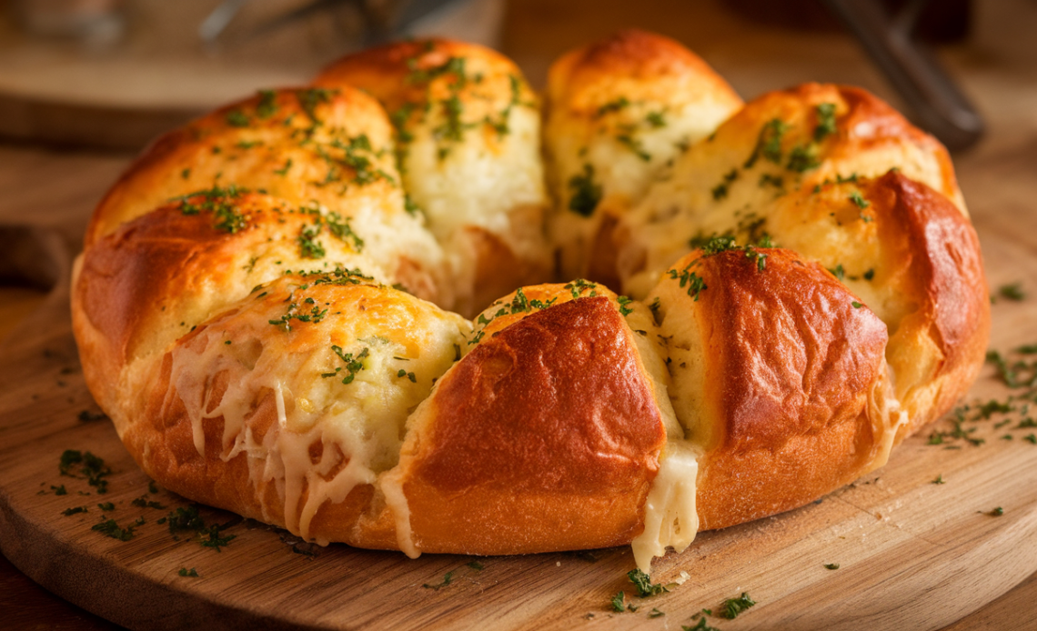 Close-up of golden, gooey cheesy pull-apart garlic bread with melted cheese stretching between the pieces.