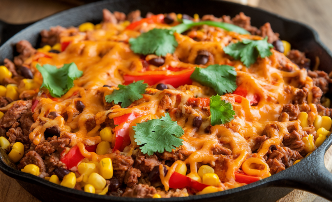 A skillet filled with cheesy taco rice topped with melted cheese, seasoned ground beef, black beans, corn, diced tomatoes, and fresh cilantro.