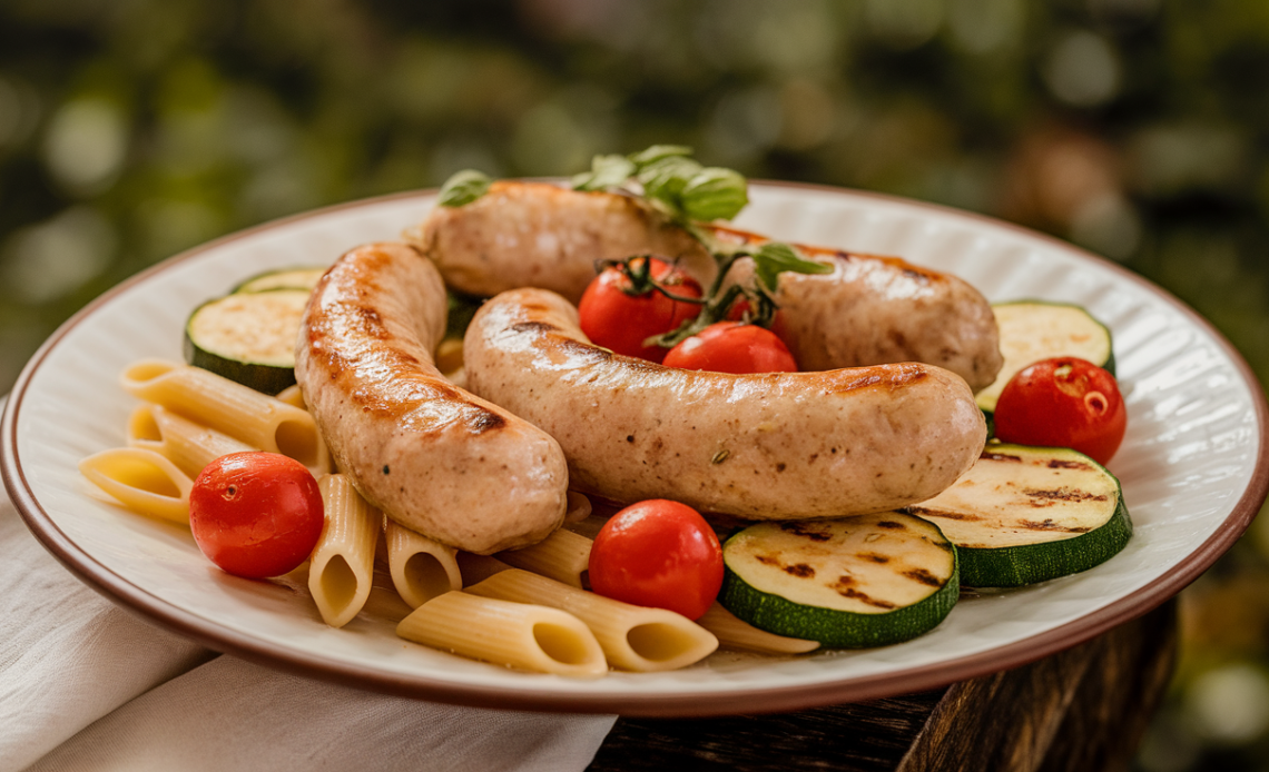 Chicken sausages sliced and cooked with zucchini, cherry tomatoes, and pasta in a white bowl.