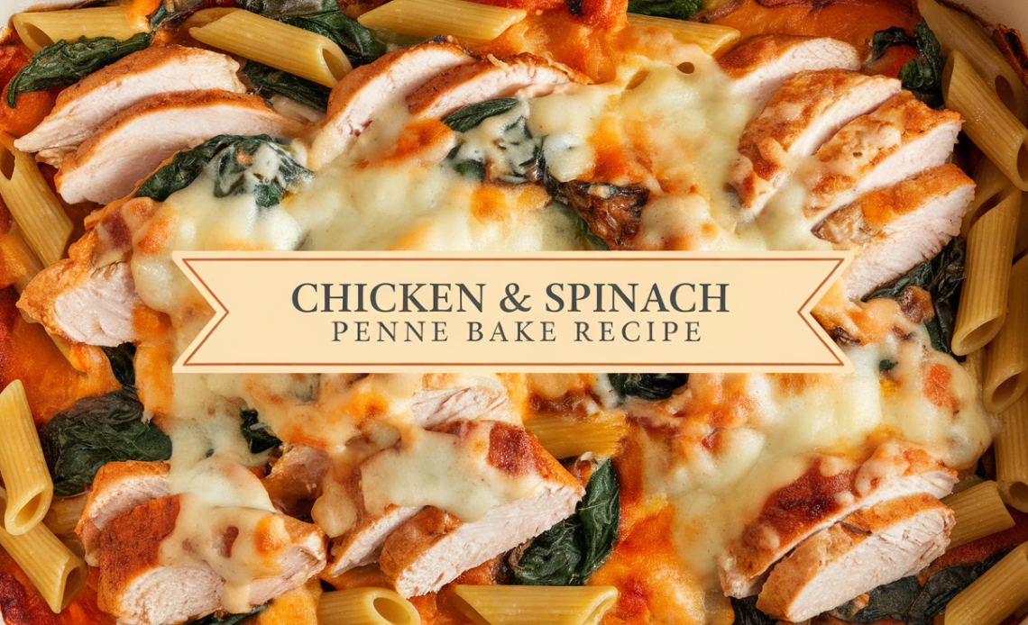 Chicken and spinach penne bake in a cheesy, golden crust, garnished with fresh herbs, served in a casserole dish.